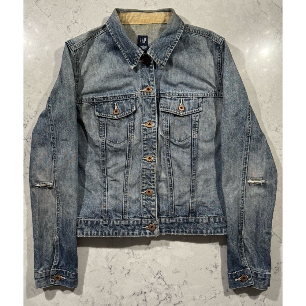 VTG Y2K GAP Denim Trucker Jacket Womens Medium Blue Medium Wash Distressed Boxy